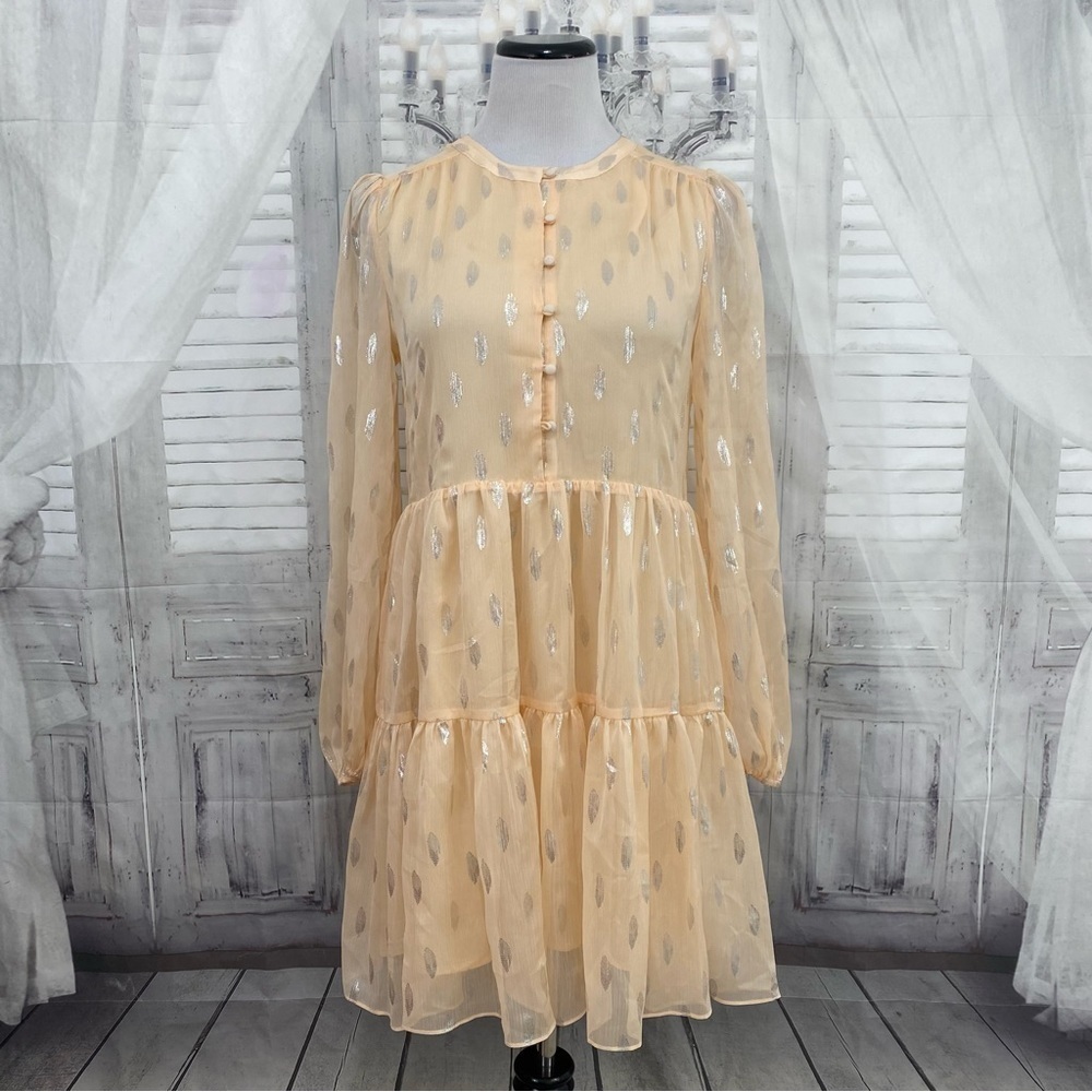 A Loves A Size Small Peach Silver Half Button Babydoll Mini Dress Long Sleeve - Picture 2 of 16